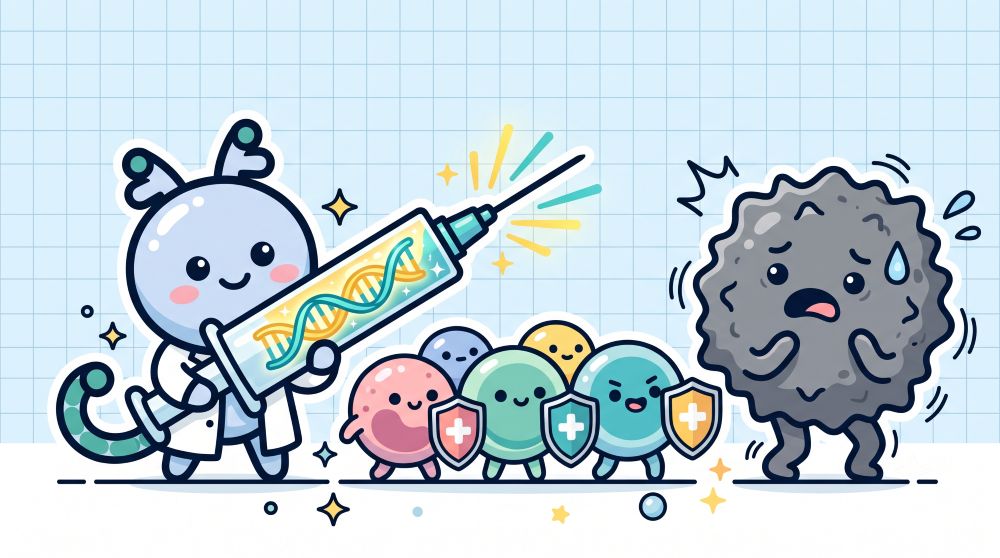 mRNA 백신 주사기를 든 뉴로니와 방패를 든 면역세포들 앞에서 겁먹은 암세포